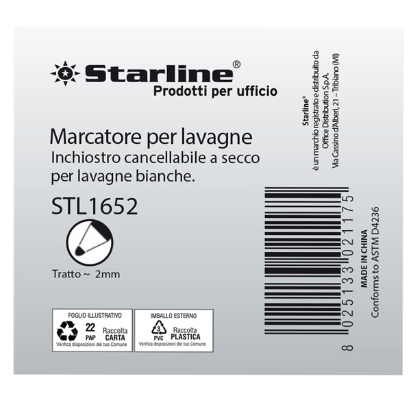 Marcatori per lavagne cancellabili Starline - punta tonda 2,0mm - colori assortiti - Starline - busta 4 pezzi