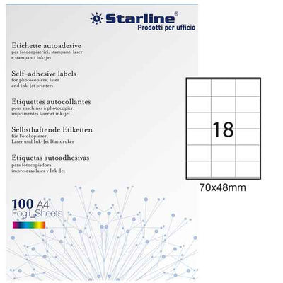 Etichette adesive - in carta - permanenti - 70 x 48 mm - 18 et/fg - 100 fogli - bianco - Starline