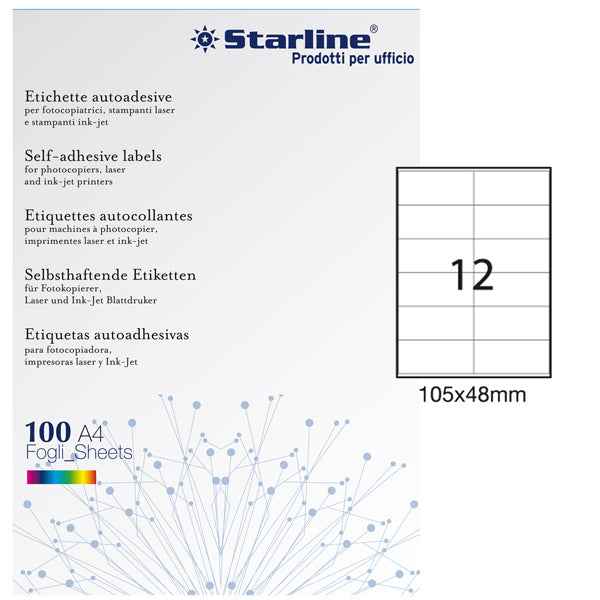 Etichette adesive - in carta - permanenti - 105 x 48 mm - 12 et/fg - 100 fogli - bianco - Starline
