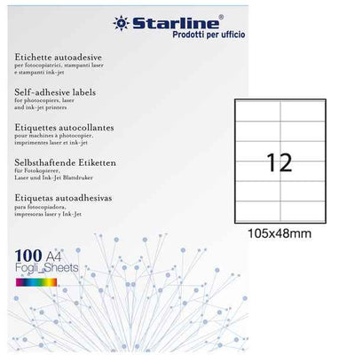 Etichette adesive - in carta - permanenti - 105 x 48 mm - 12 et/fg - 100 fogli - bianco - Starline
