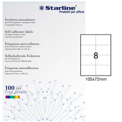 Etichette adesive - in carta - permanenti - 105 x 72 mm - 8 et/fg - 100 fogli - bianco - Starline