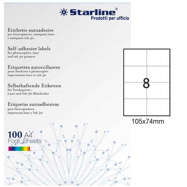 Etichette adesive - in carta - permanenti - 105 x 74 mm - 8 et/fg - 100 fogli - bianco - Starline