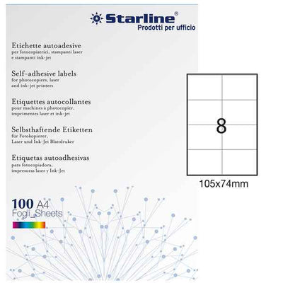 Etichette adesive - in carta - permanenti - 105 x 74 mm - 8 et/fg - 100 fogli - bianco - Starline