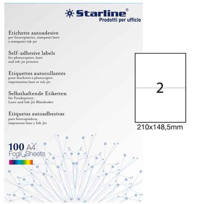 Etichette adesive - in carta - permanenti - 210 x 148,5 mm - 2 et/fg - 100 fogli - bianco - Starline