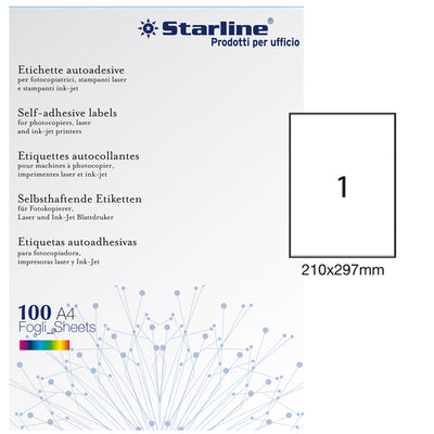 Etichette adesive - in carta - permanenti - 210 x 297 mm - 1 et/fg - 100 fogli - bianco - Starline