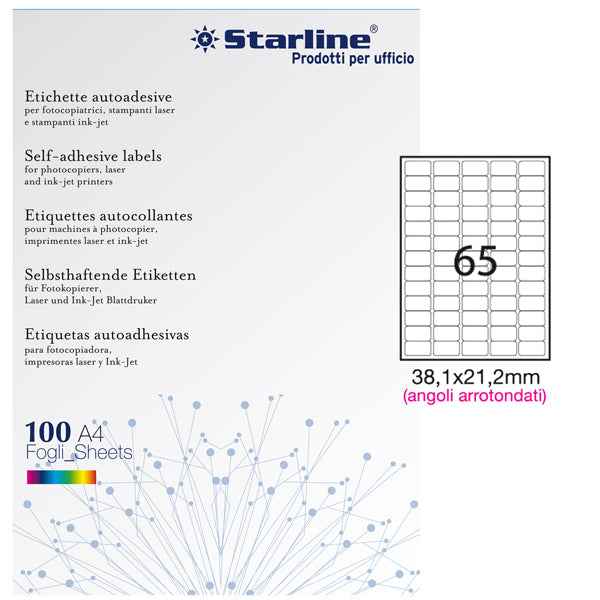 Etichette adesive - in carta - angoli arrotondati - permanenti - 38,1 x 21,2 mm - 65 et/fg - 100 fogli - bianco - Starline