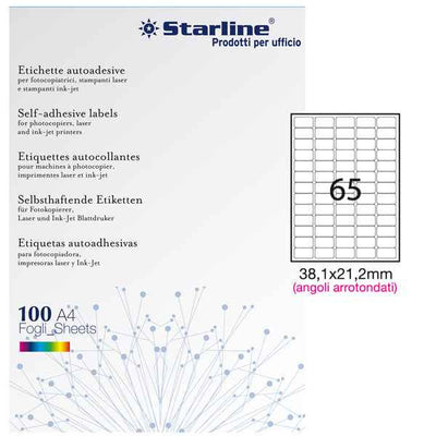 Etichette adesive - in carta - angoli arrotondati - permanenti - 38,1 x 21,2 mm - 65 et/fg - 100 fogli - bianco - Starline