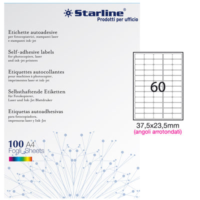 Etichette adesive - in carta - angoli arrotondati - permanenti - 37,5 x 23,5 mm - 60 et/fg - 100 fogli - bianco - Starline