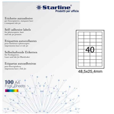 Etichette adesive - in carta - permanenti - 48,5 x 25,4 mm - 40 et/fg - 100 fogli - bianco - Starline