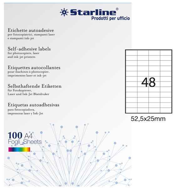 Etichette adesive - in carta - permanenti - 52,5 x 25 mm - 48 et/fg - 100 fogli - bianco - Starline