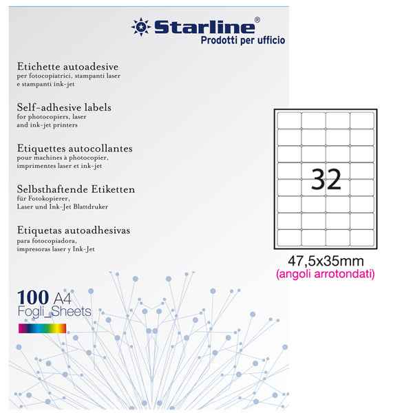 Etichette adesive - in carta - angoli arrotondati - permanenti - 47,5 x 35 mm - 32 et/fg - 100 fogli - bianco - Starline