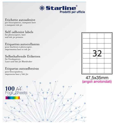 Etichette adesive - in carta - angoli arrotondati - permanenti - 47,5 x 35 mm - 32 et/fg - 100 fogli - bianco - Starline