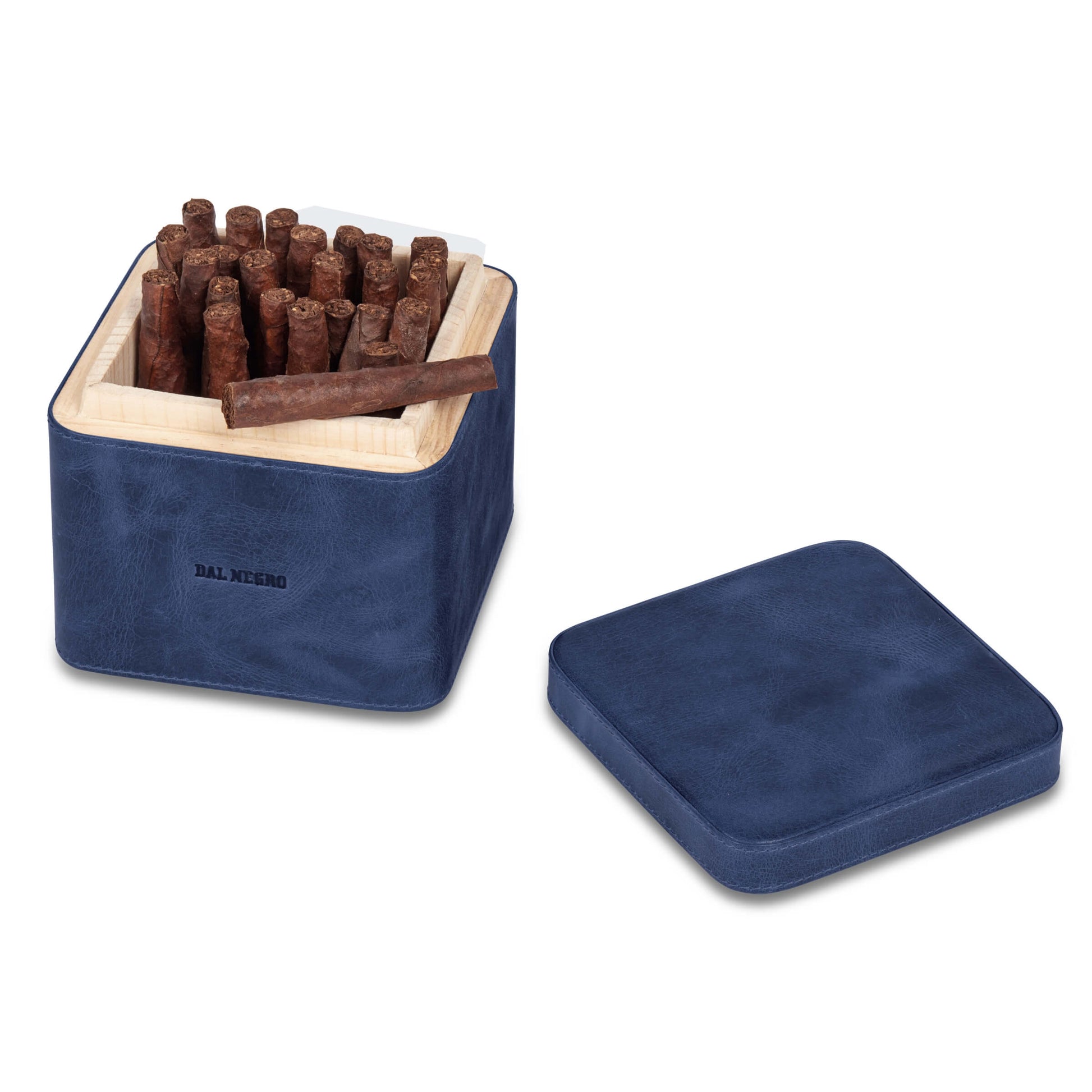 Cubo portatoscanelli Dal Negro in legno con rivestimento vera pelle blu