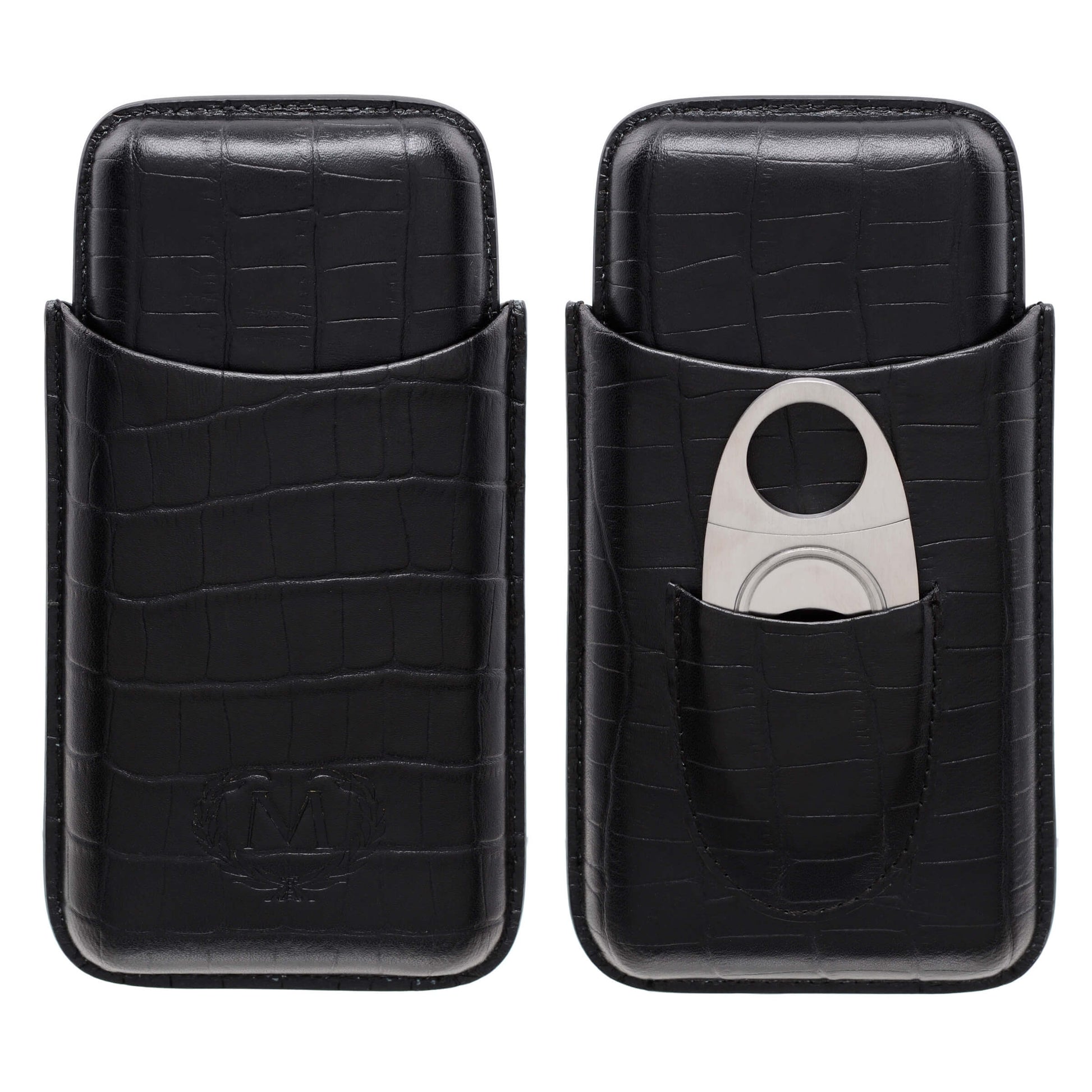 Porta sigari Myon vera pelle nera effetto cocco 3 posti tagliasigari T04787