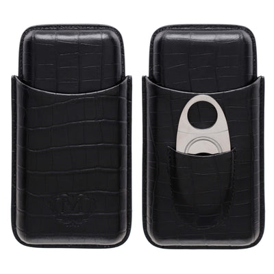 Porta sigari Myon vera pelle nera effetto cocco 3 posti tagliasigari T04787