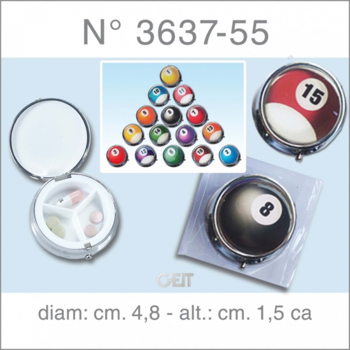 Porta pillole Billiard metallo diametro 5cm 3 scomparti T09038B
