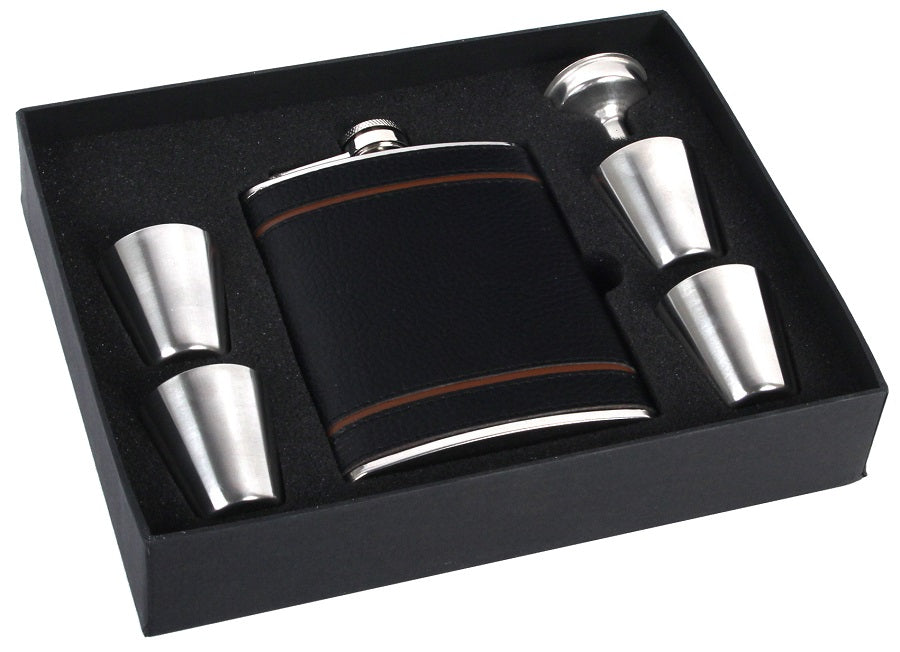 FIASCHETTA CON 4 BICCHIERI E IMBUTO PELLE 7 OZ. - 003323