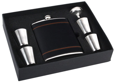 FIASCHETTA CON 4 BICCHIERI E IMBUTO PELLE 7 OZ. - 003323