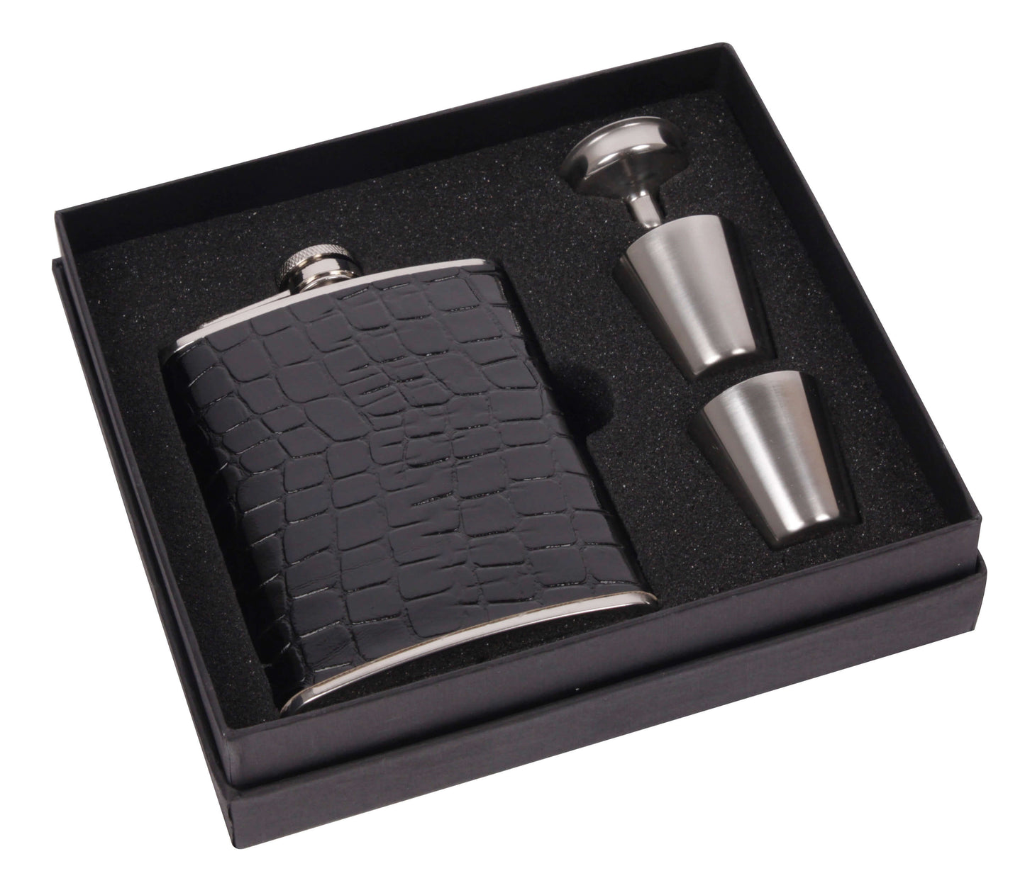 Fiaschetta 7oz similpelle con set bicchieri imbuto e cofanetto