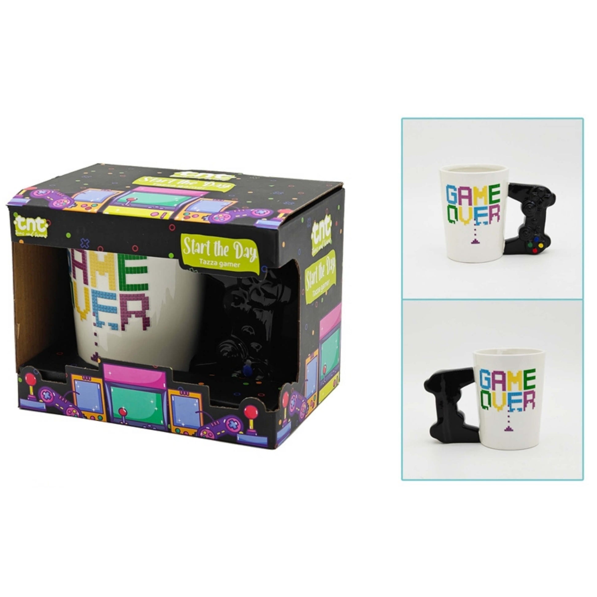 Tazza gamer TnT manico a forma di joystick scritta Game Over pixel art