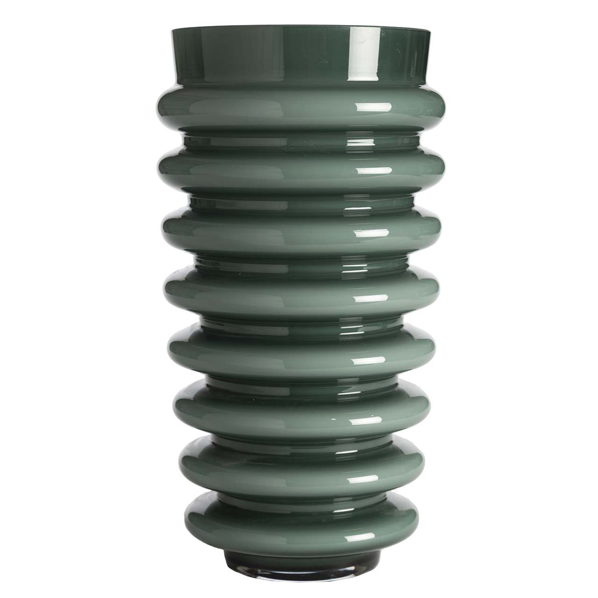 Bagutta Vaso Multirighe in Vetro Verde Fumo con Decoro ad Anelli 30 cm