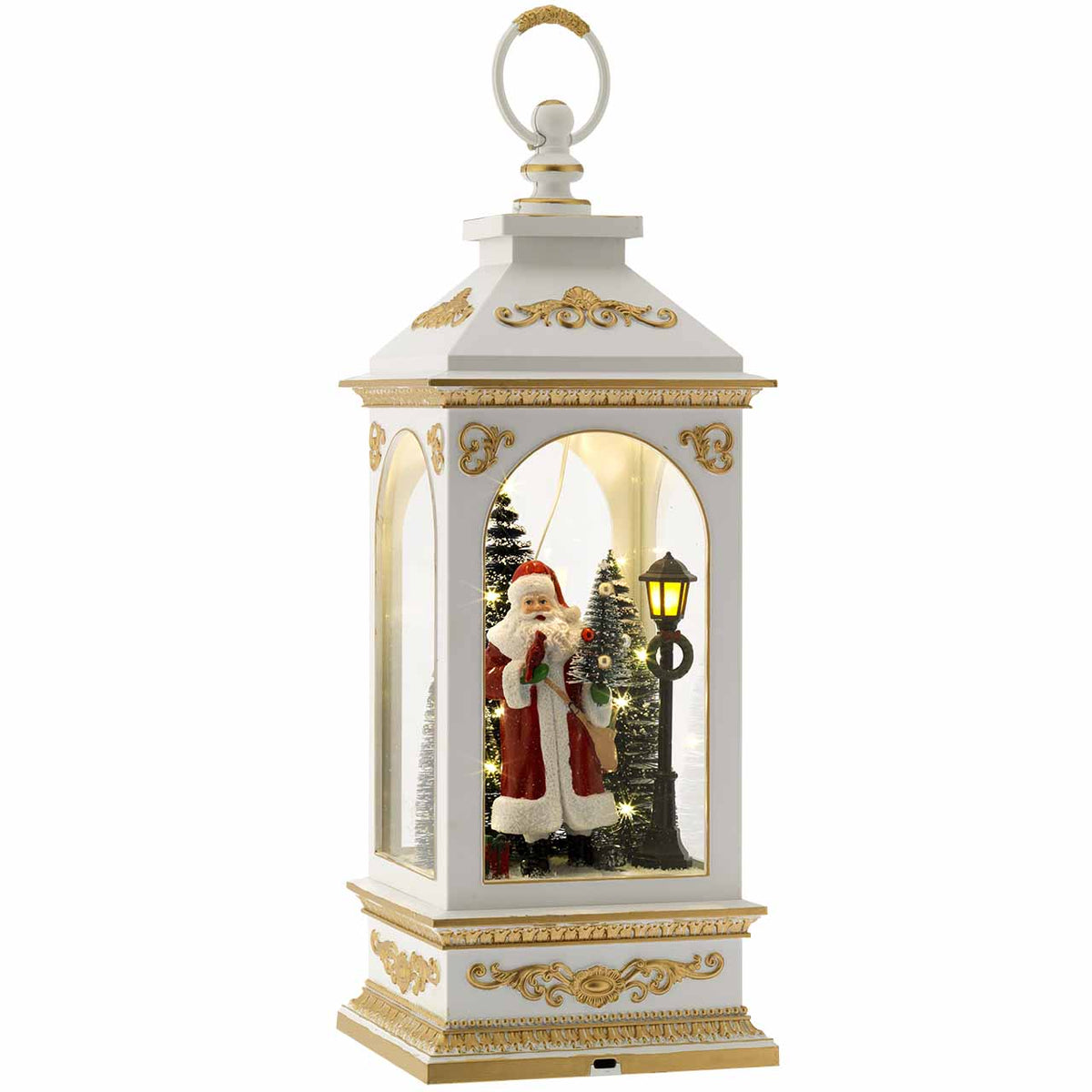 Bagutta Lanterna Natalizia Bianca con Babbo Natale e Luci LED 38 cm