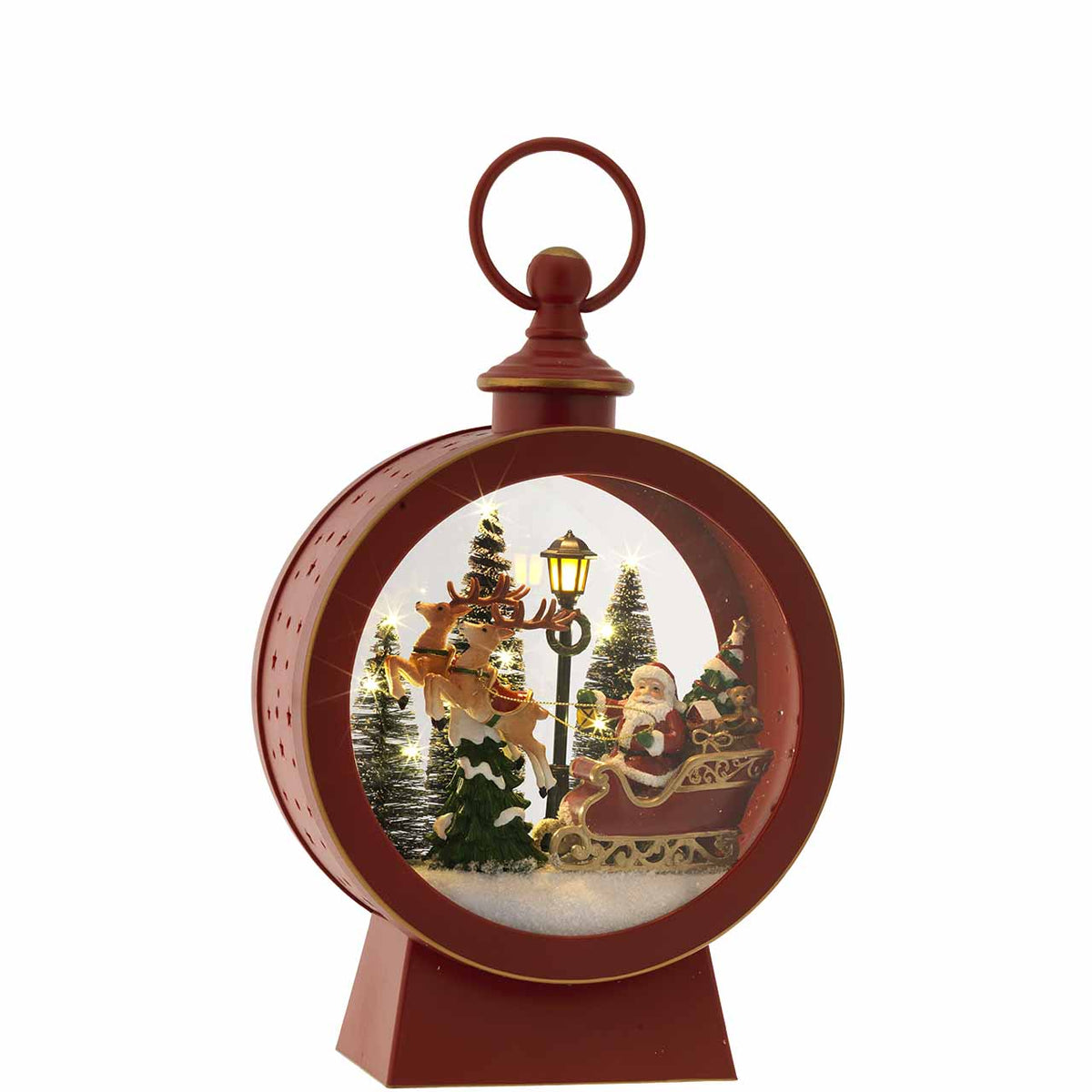 Bagutta Lanterna Natalizia Rotonda Rossa con Babbo Natale e Luci LED 33,5 cm