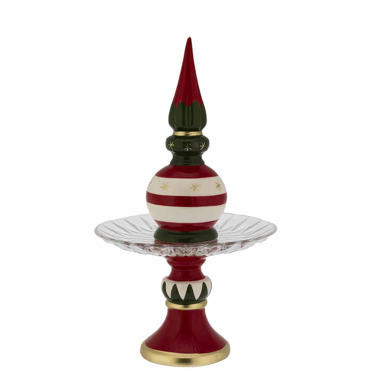 Bagutta Puntale Natalizio su Alzata in Vetro Rosso Verde e Bianco 44 cm
