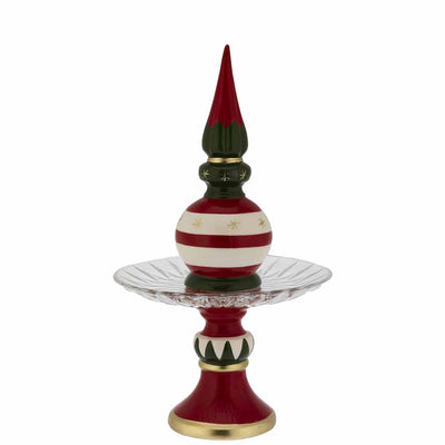 Bagutta Puntale Natalizio su Alzata in Vetro Rosso Verde e Bianco 44 cm