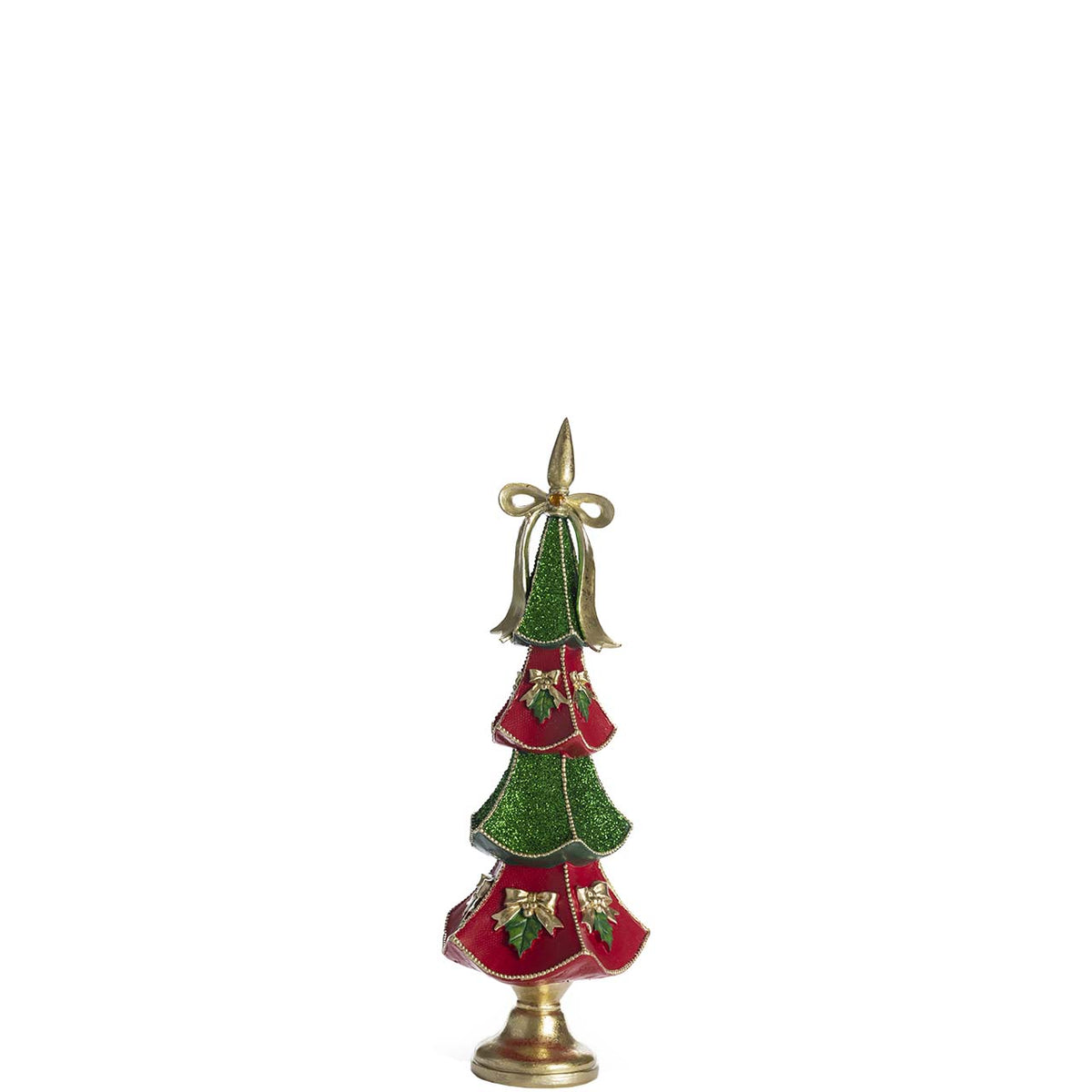 Bagutta Albero Natalizio Verde e Rosso con Fiocco e Base Oro 37 cm