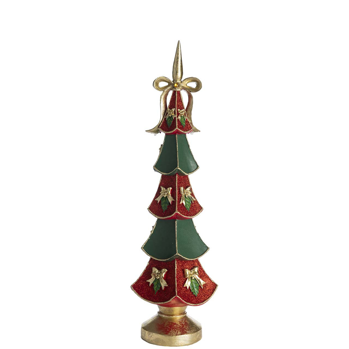 Bagutta Albero Natalizio Verde e Rosso con Fiocco e Base Oro 53 cm