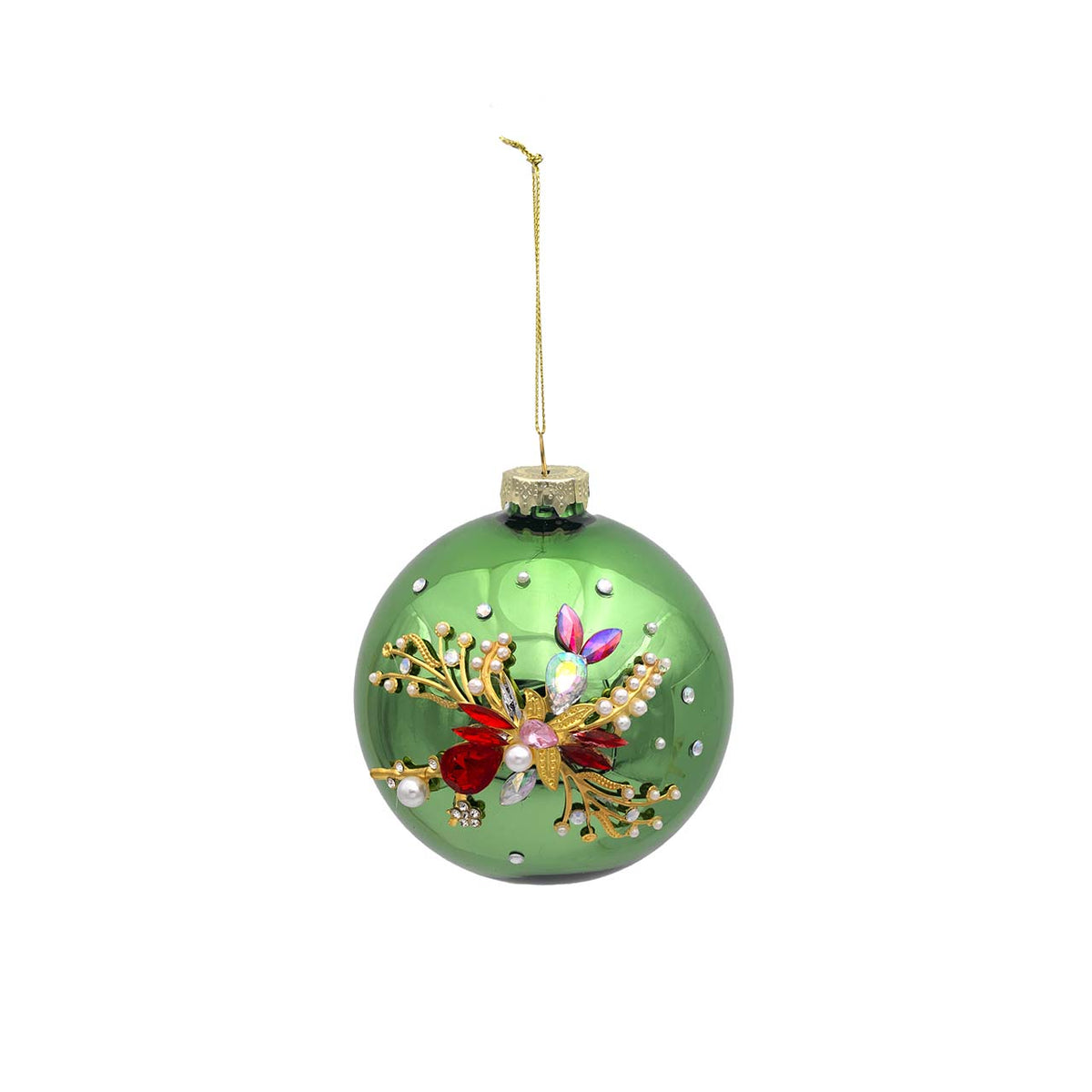 Bagutta Sfera Natalizia Verde con Fiore Rosso Gioiello Diametro 10 cm