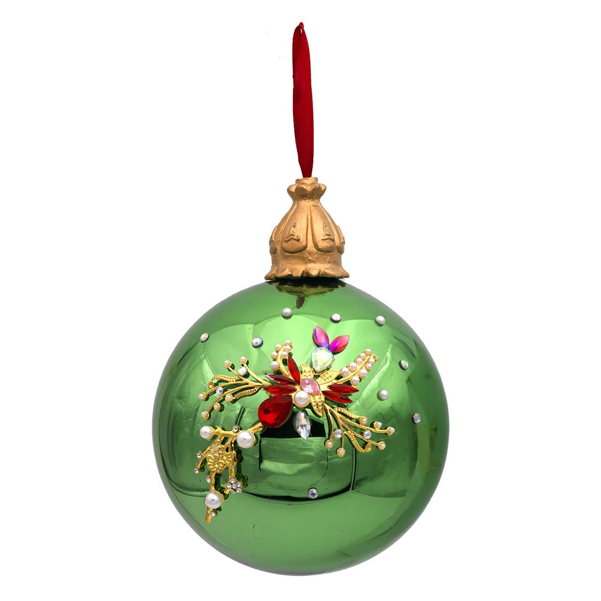 Bagutta Sfera Natalizia Verde con Fiore Rosso Gioiello Diametro 15 cm