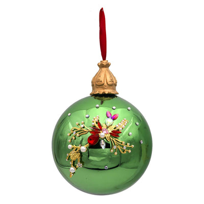 Bagutta Sfera Natalizia Verde con Fiore Rosso Gioiello Diametro 15 cm