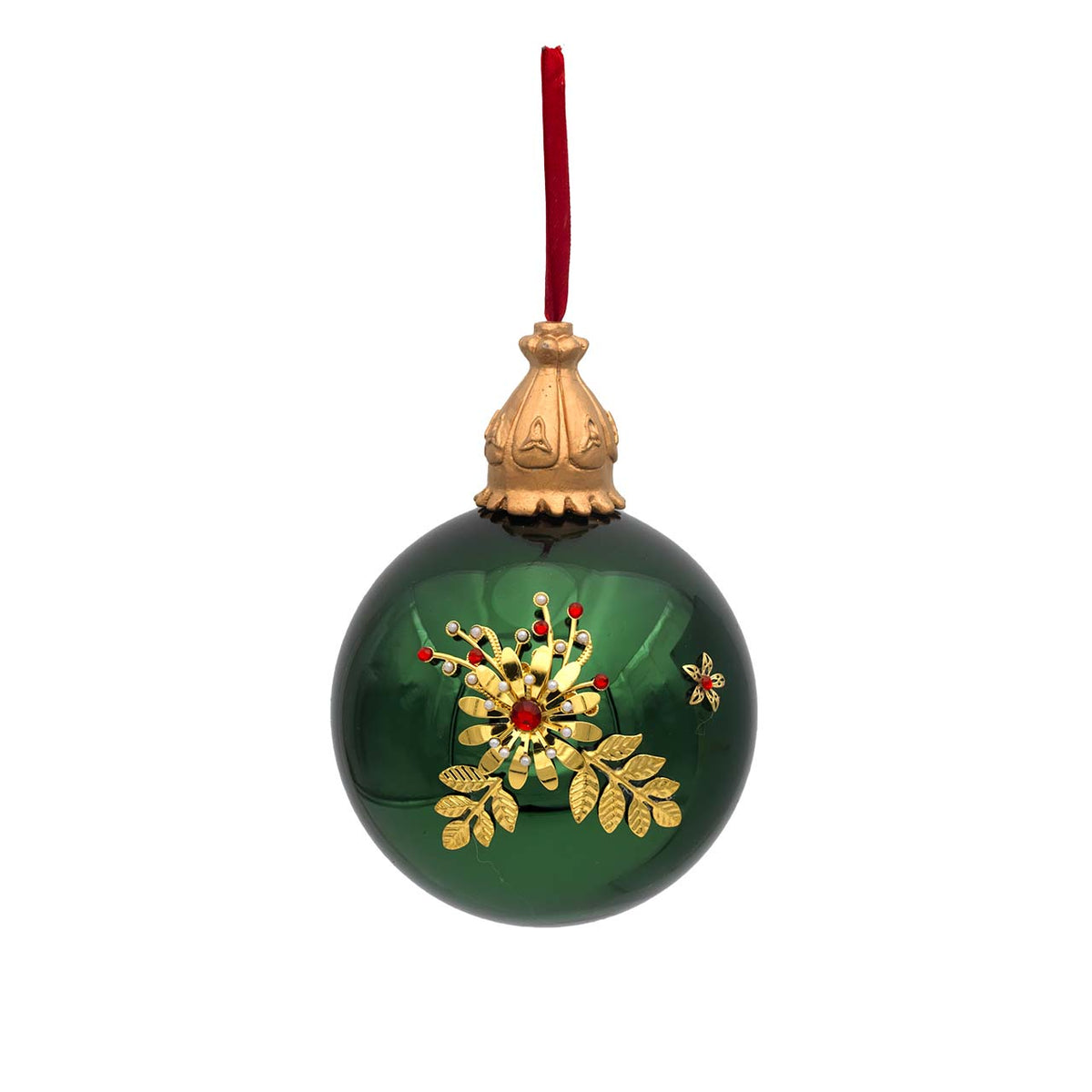 Bagutta Sfera Natalizia Verde con Decoro Floreale Oro Diametro 12 cm