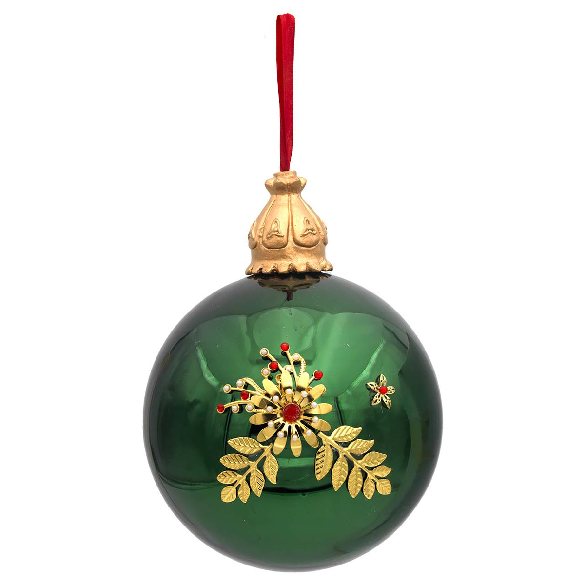 Bagutta Sfera Natalizia Verde con Decoro Floreale Oro Diametro 15 cm