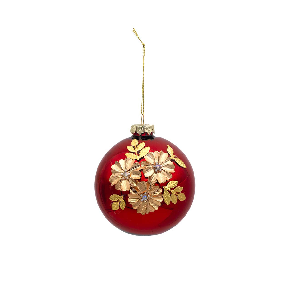 Bagutta Sfera Natalizia Rossa con Decoro Floreale Oro Diametro 10 cm