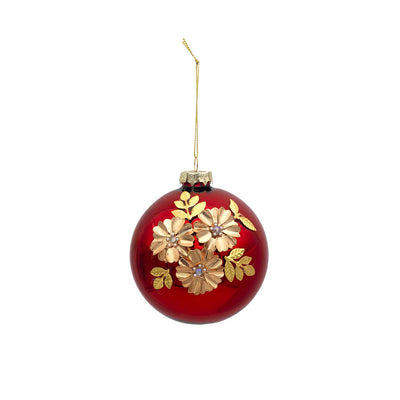 Bagutta Sfera Natalizia Rossa con Decoro Floreale Oro Diametro 10 cm