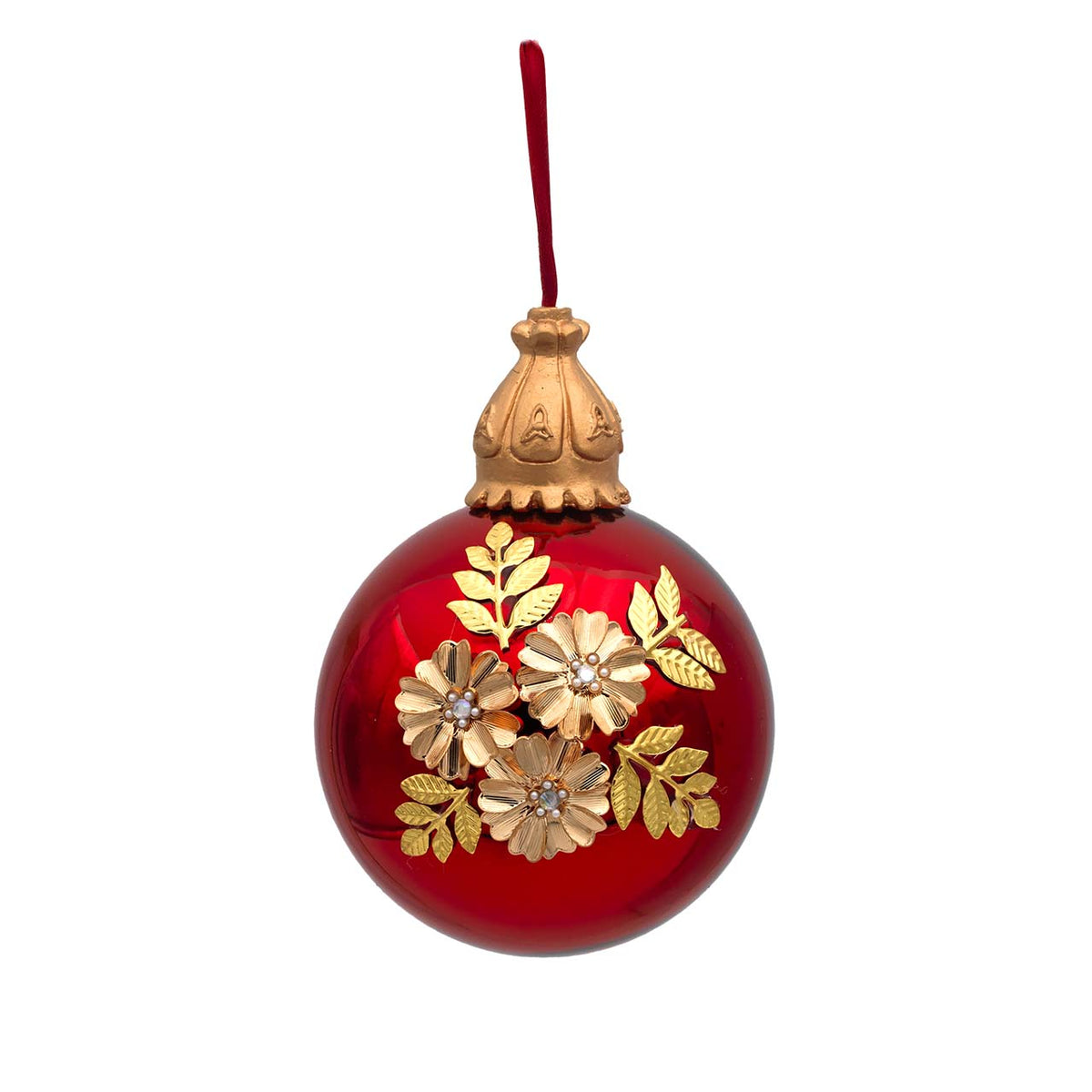 Bagutta Sfera Natalizia Rossa con Decoro Floreale Oro Diametro 12 cm