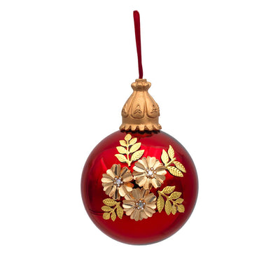 Bagutta Sfera Natalizia Rossa con Decoro Floreale Oro Diametro 12 cm
