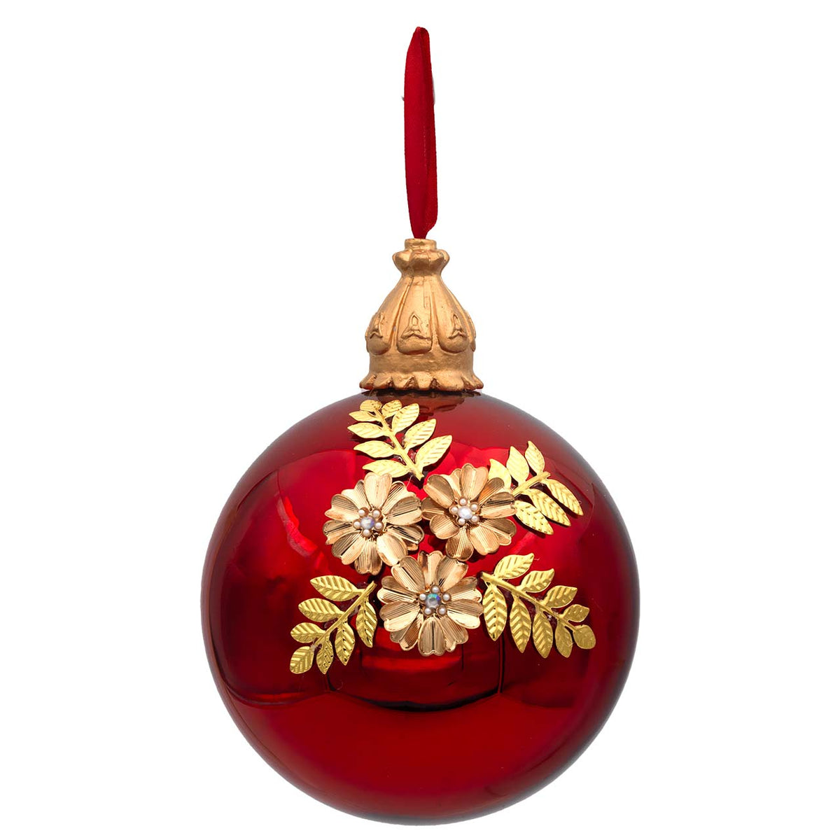 Bagutta Sfera Natalizia Rossa con Decoro Floreale Oro Diametro 15 cm