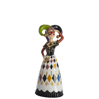 Bagutta Giullare Donna in Resina con Ventaglio Nero Bianco e Verde 29 cm