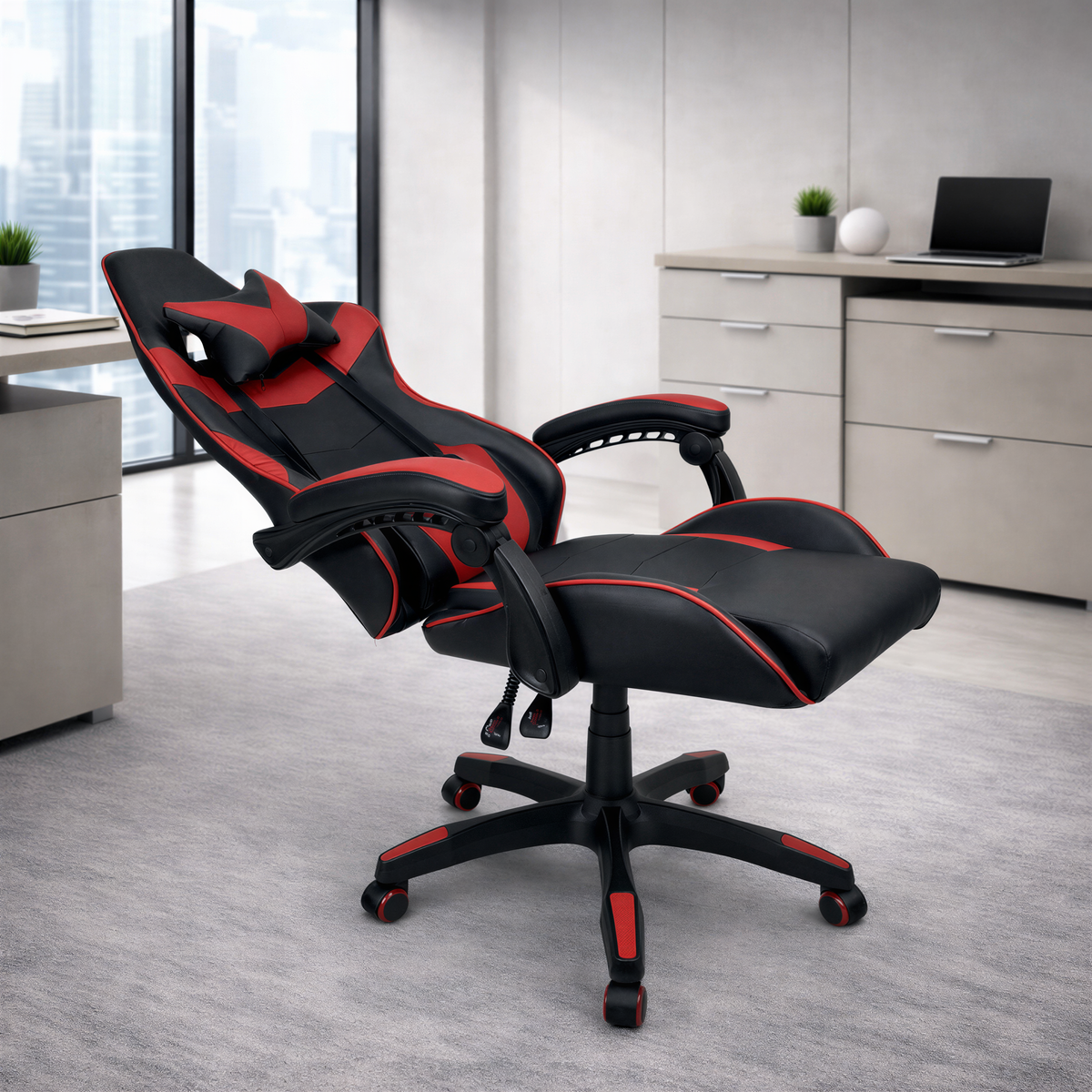 Powerlan Turan Sedia Gaming Reclinabile in Ecopelle Rossa e Nera con 2 Cuscini