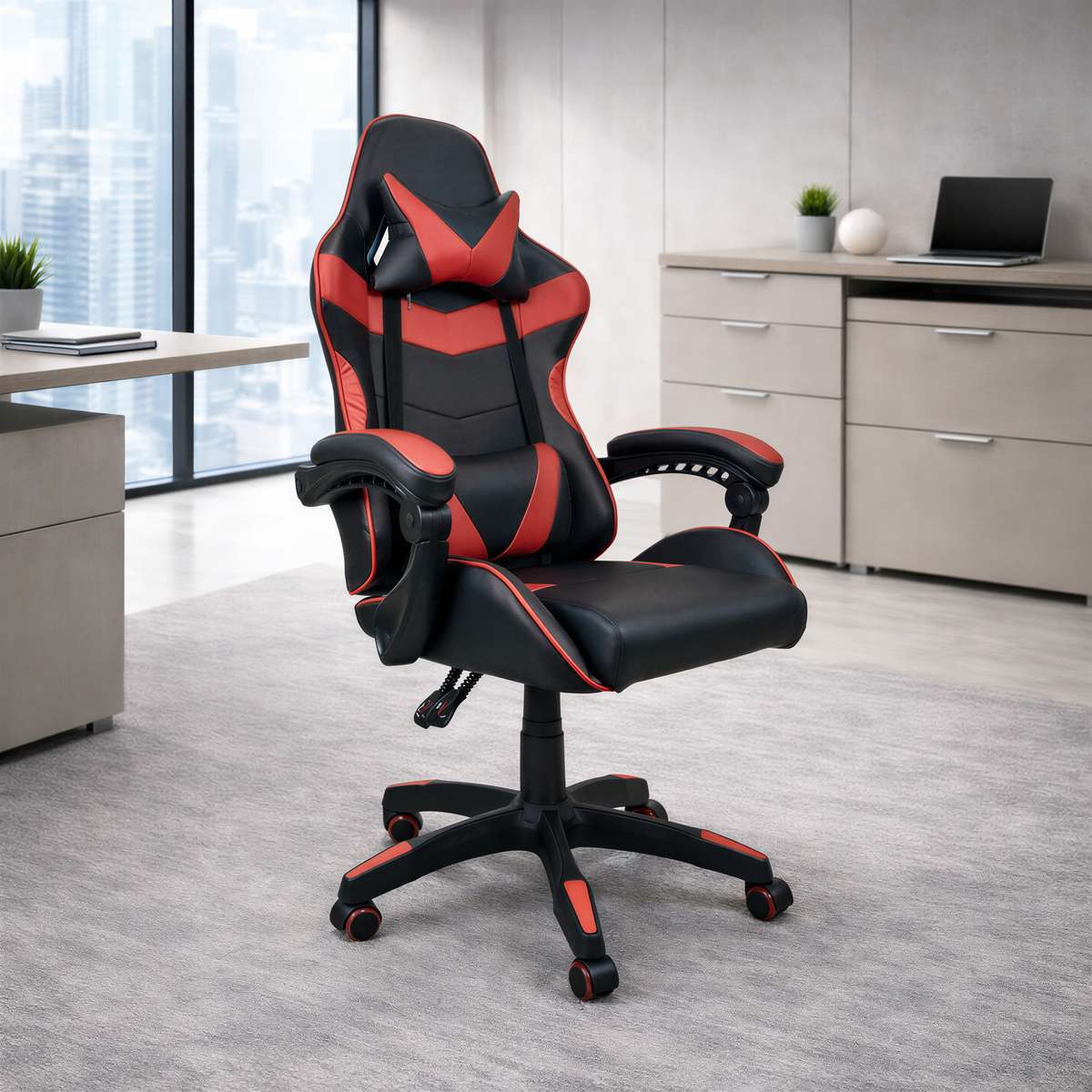 Powerlan Turan Sedia Gaming Reclinabile in Ecopelle Rossa e Nera con 2 Cuscini