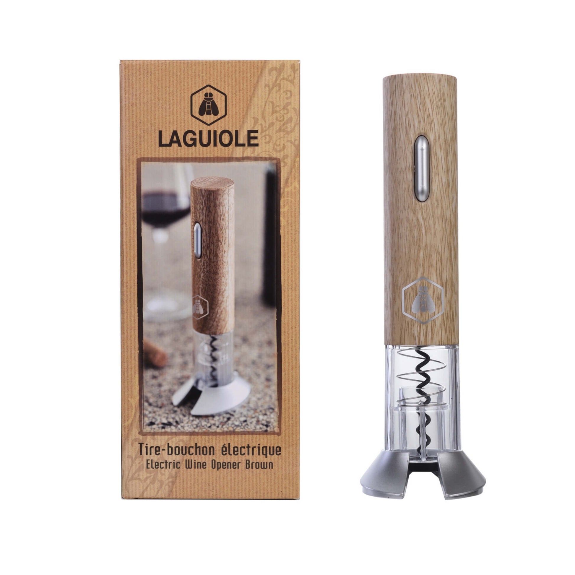 Cavatappi elettrico Laguiole con manico in legno e finitura argento, design moderno automatico