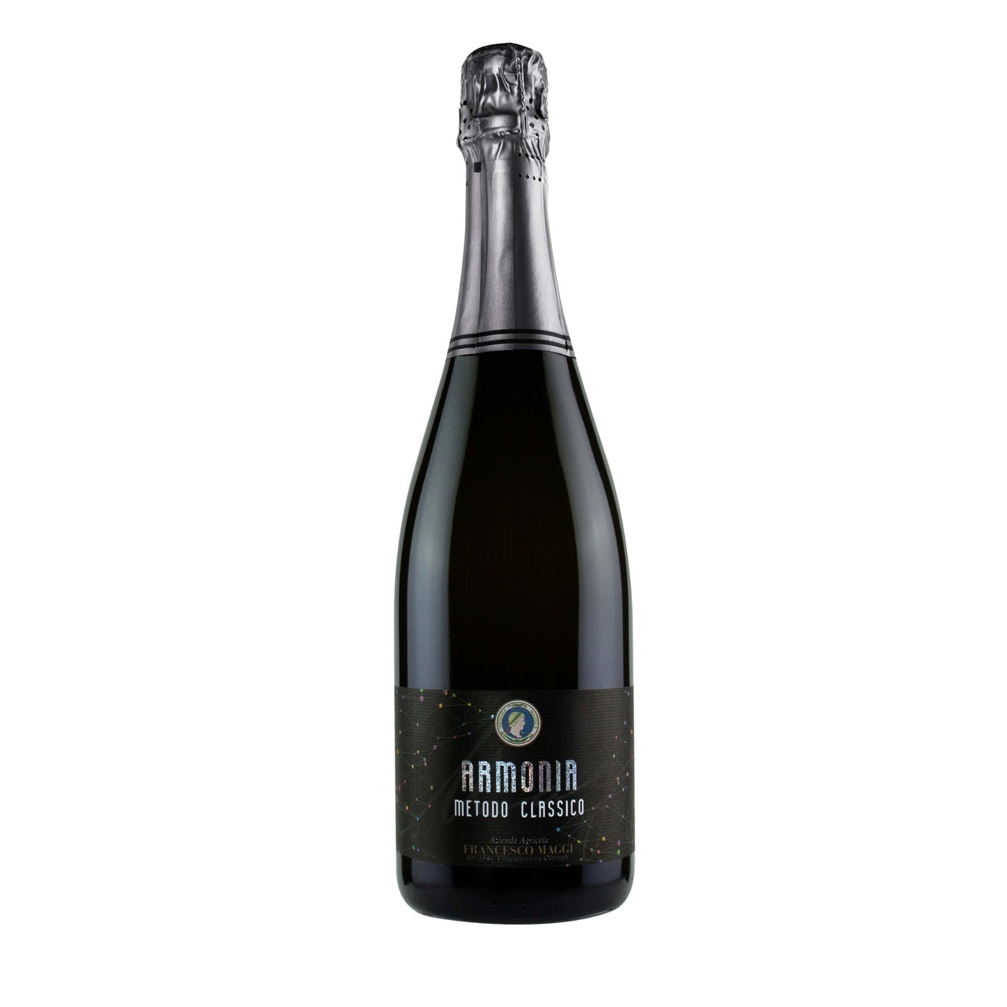 Bottiglia spumante Metodo Classico Armonia Extra Brut 75cl da Pinot Nero, etichetta fronte con dettaglio del blend
