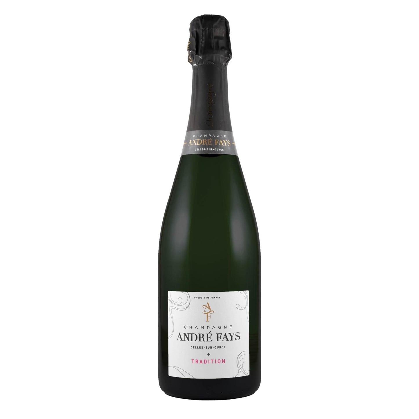 Bottiglia Champagne André Fays Tradition Extra Brut, stile extra brut con 36 mesi di affinamento sui lieviti
