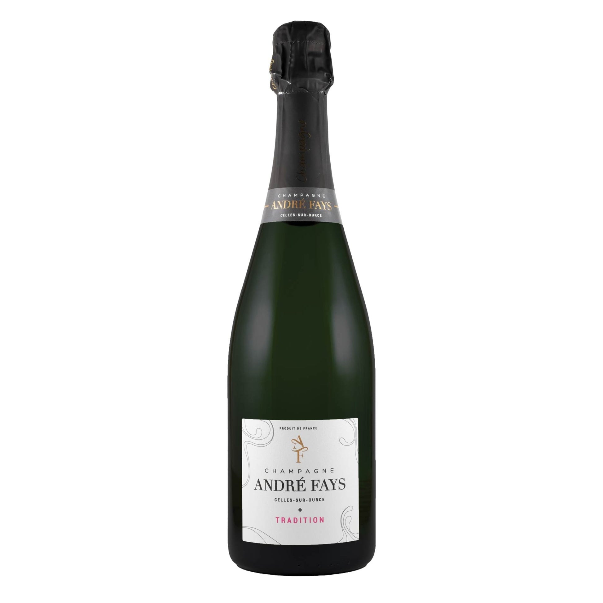 Bottiglia Champagne André Fays Tradition Extra Brut, stile extra brut con 36 mesi di affinamento sui lieviti
