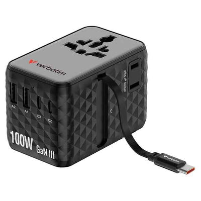 Adattatore - da viaggio universale - GaN III - con cavo USB-C retrattile - Nero - Verbatim