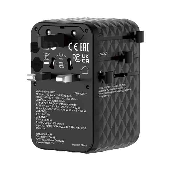 Adattatore - da viaggio universale - GaN III - con cavo USB-C retrattile - Nero - Verbatim